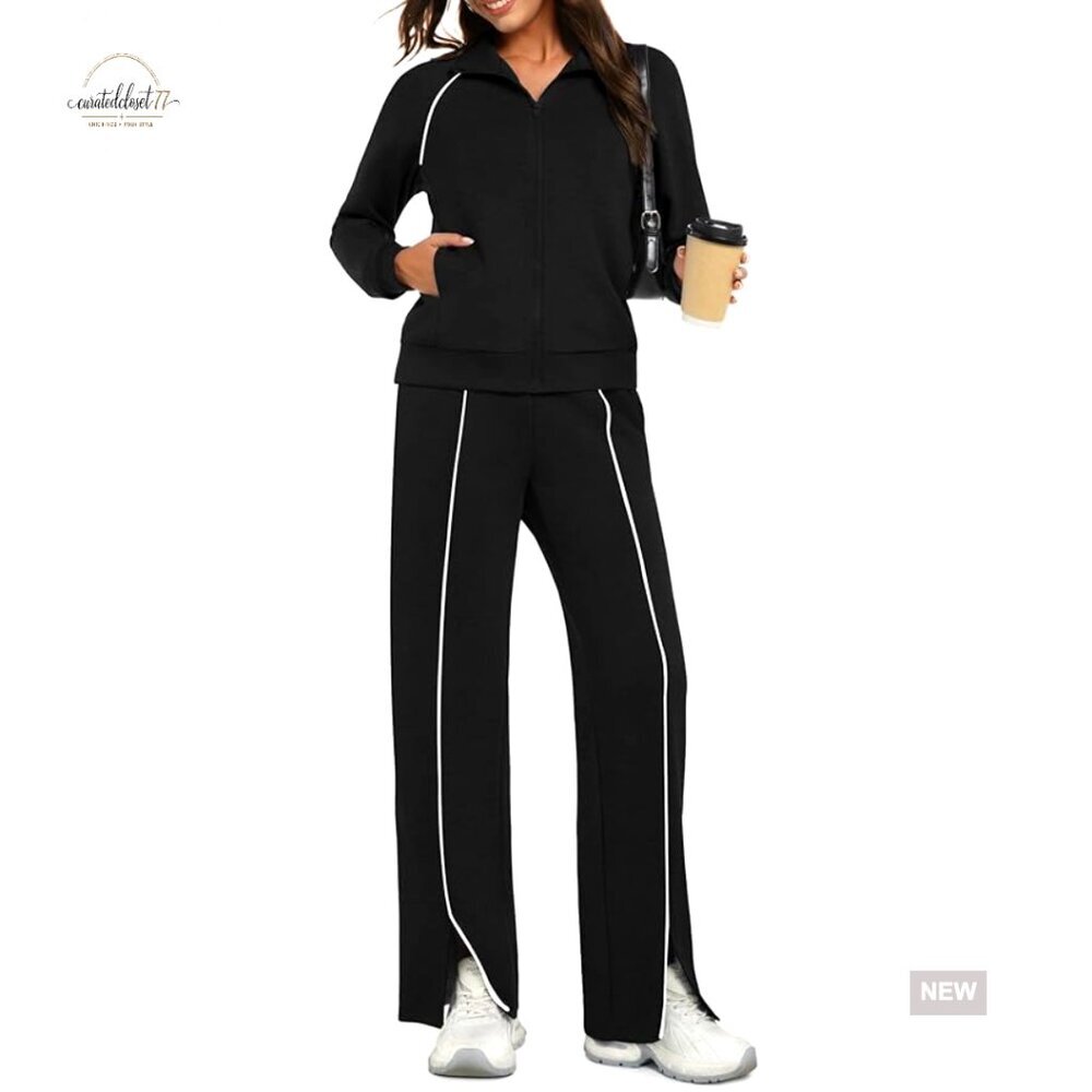 2 Piece Zip Up Lounge Set Wide Leg Pants Tracksuit Athletic Wear
